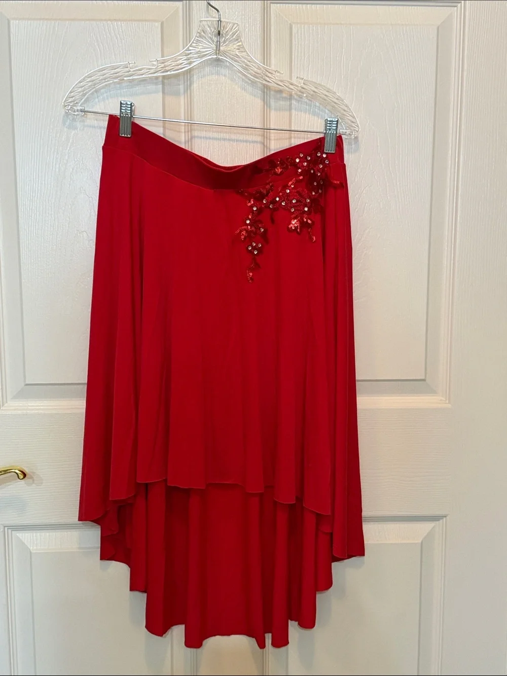 Elegant Red High-Low Skirt with Sequin Floral Detail